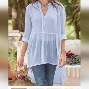 Sundance Pale Blue Flowy Boho Charlene Tiered Tunic Size Large Petite